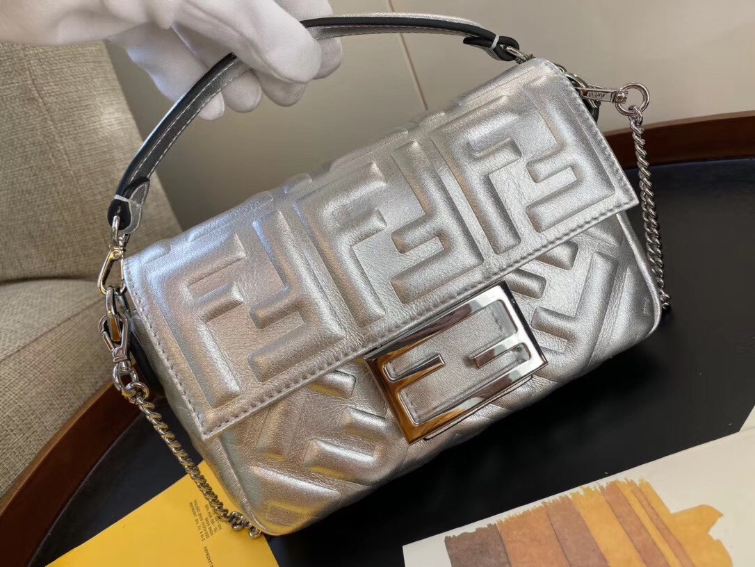 Fendi Baguette Mini Bag In Silver Lambskin With FF Motif 525