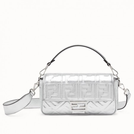 Fendi Baguette Medium Bag In Silver Lambskin With FF Motif 920