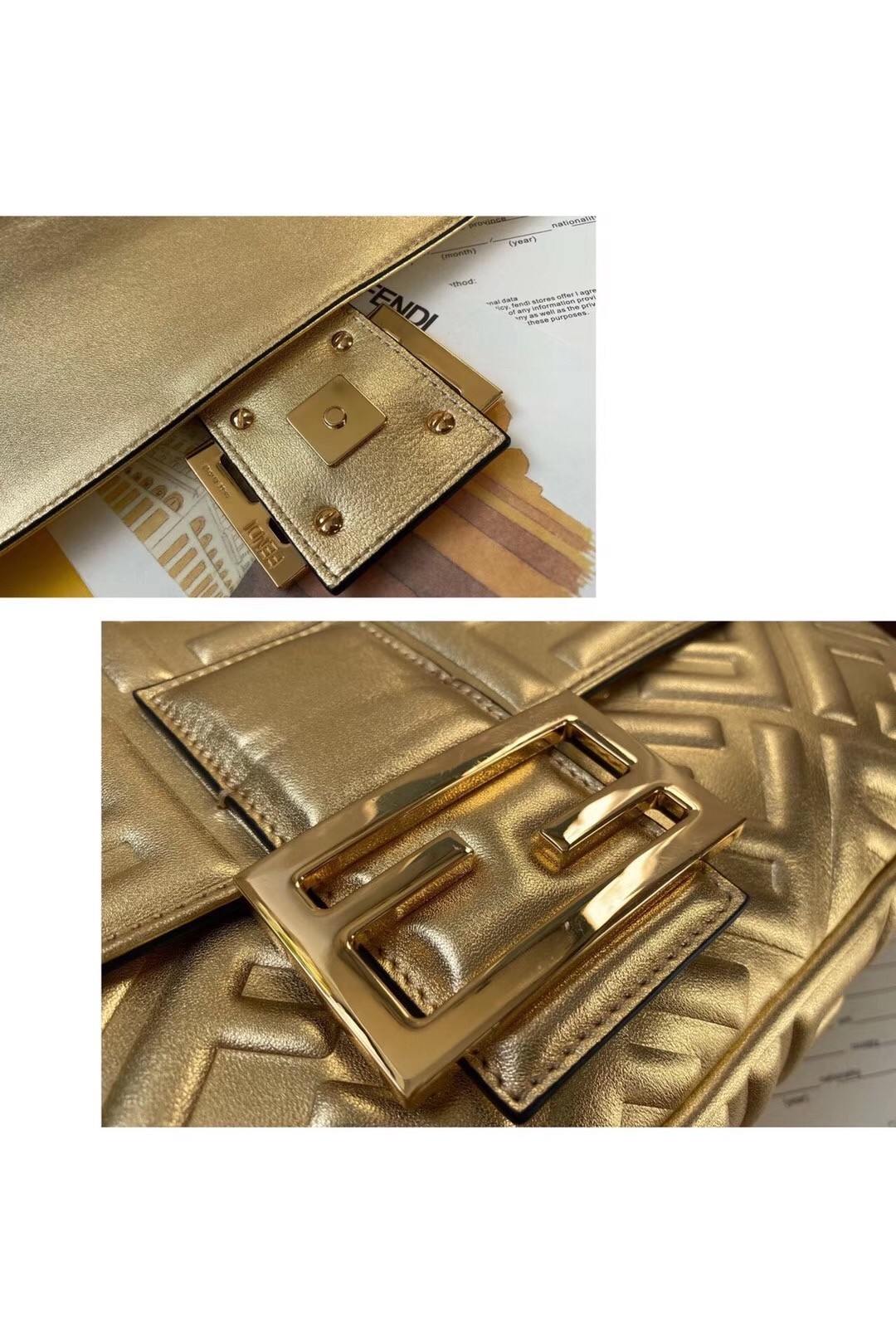 Fendi Baguette Large Bag In Gold Lambskin With FF Motif 939