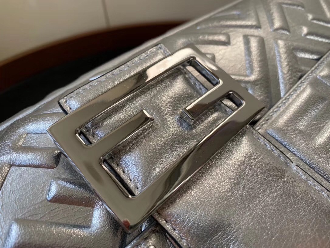 Fendi Baguette Large Bag In Silver Lambskin With FF Motif 680
