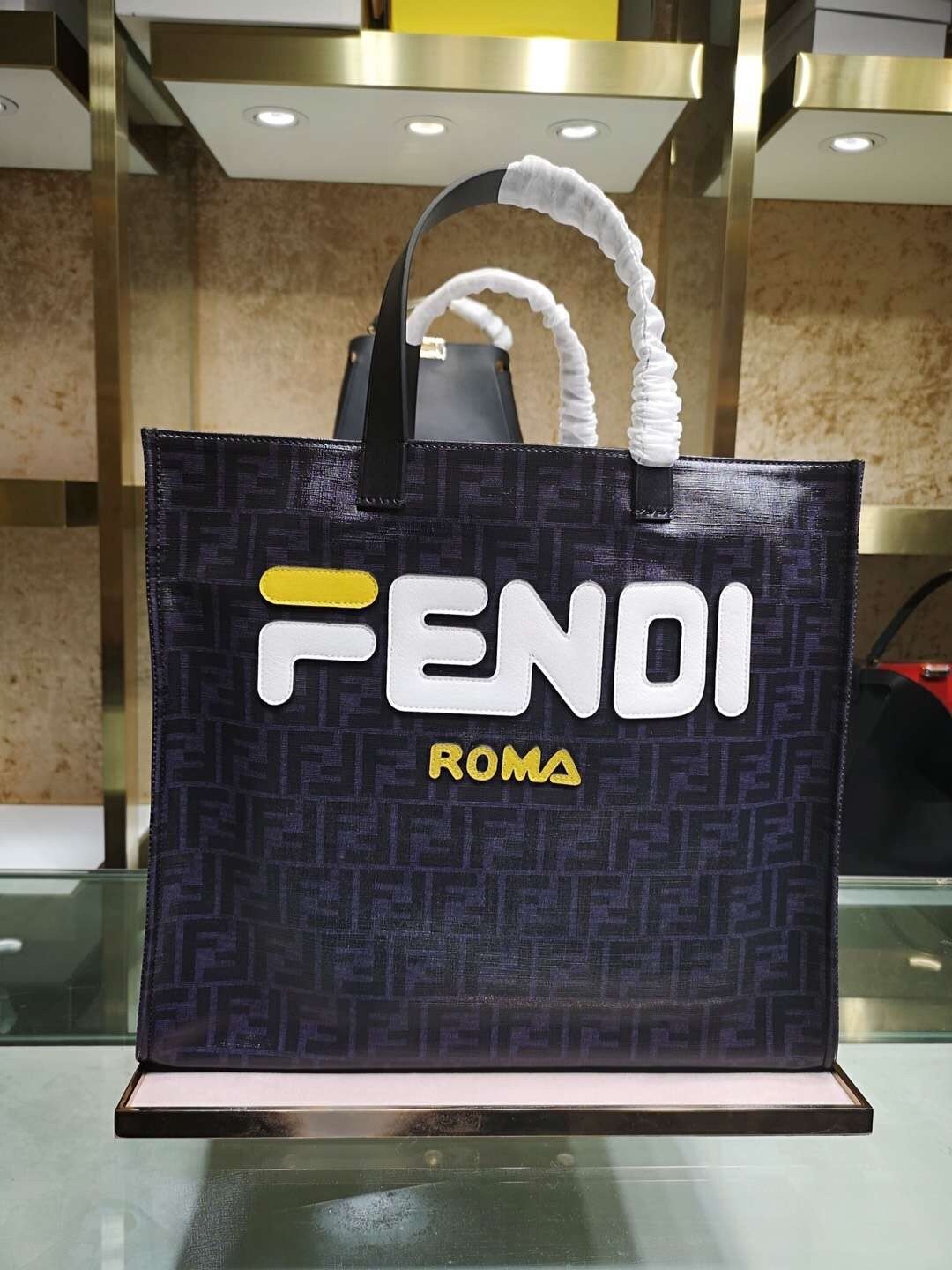 Fendi Black Glazed Fabric Shopper White Logo Bag 987