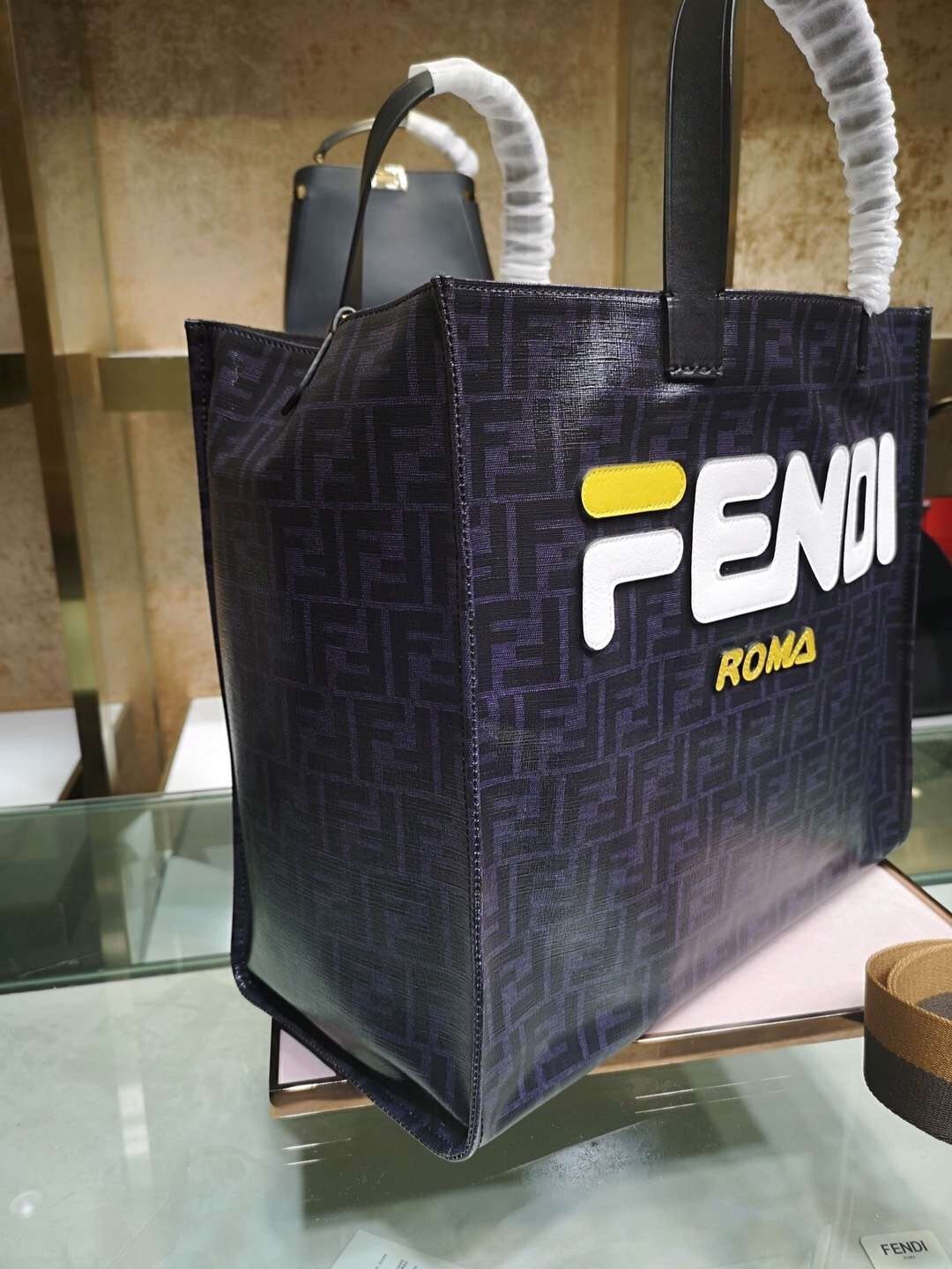 Fendi Black Glazed Fabric Shopper White Logo Bag 987