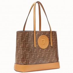 Fendi Logo Shopper Bag In Glazed Fabric With Tan Leather 982