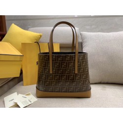 Fendi Logo Shopper Bag In Glazed Fabric With Tan Leather 982