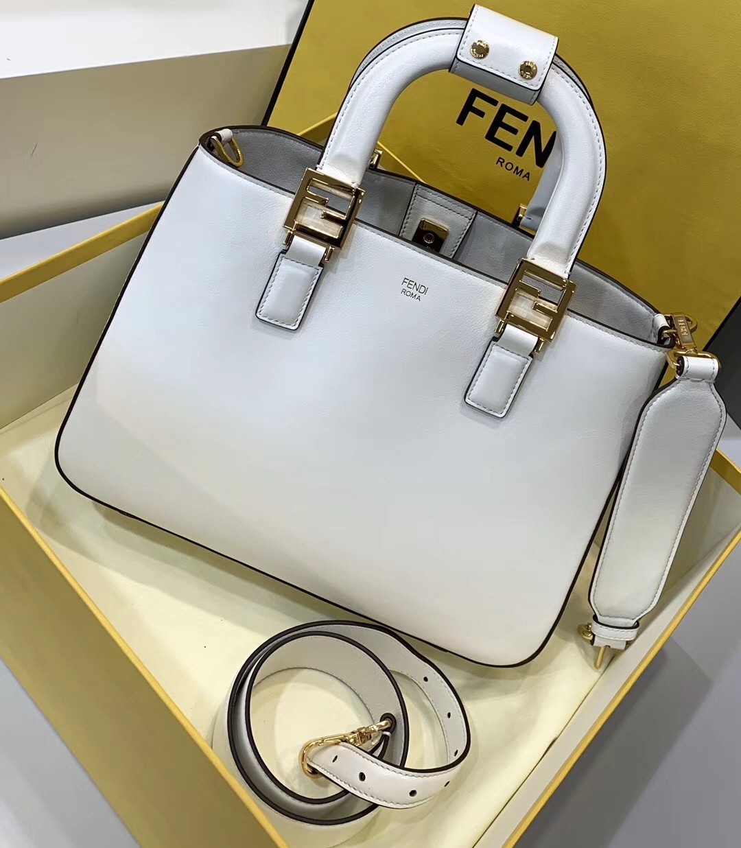 Fendi FF Tote Small Bag In White Calfskin 790