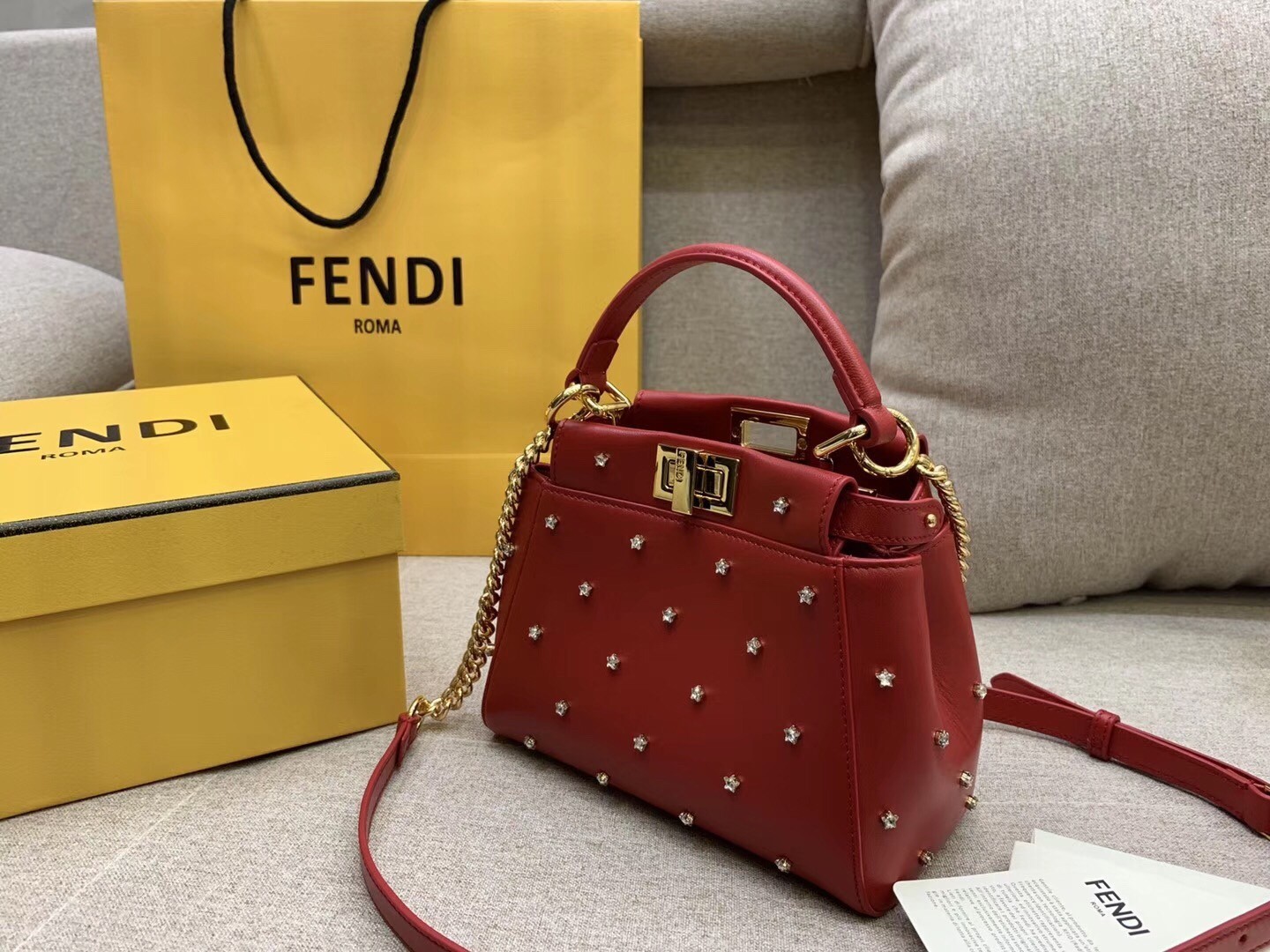 Fendi Peekaboo XS Bag With Star Studs In Red Nappa Leather  928