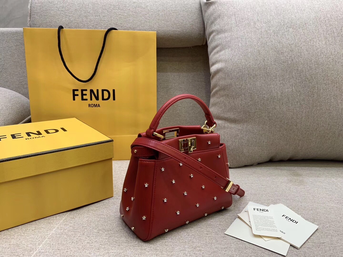 Fendi Peekaboo XS Bag With Star Studs In Red Nappa Leather  928