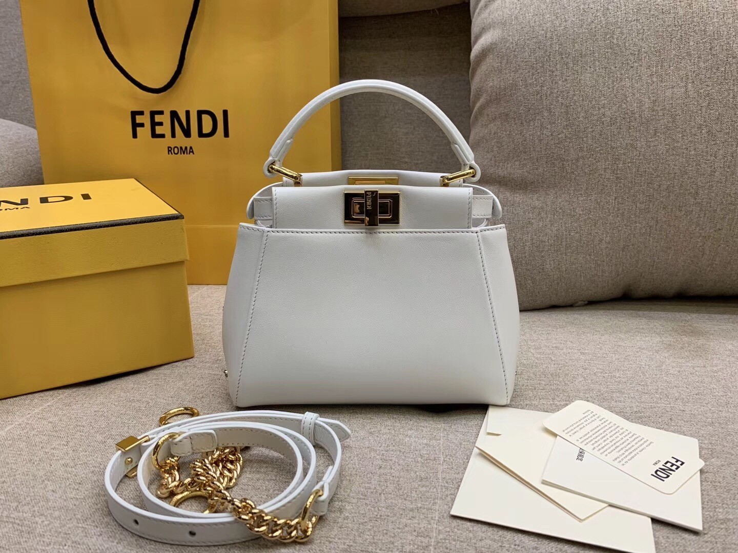 Fendi Peekaboo XS Bag With Star Studs In White Nappa Leather  942