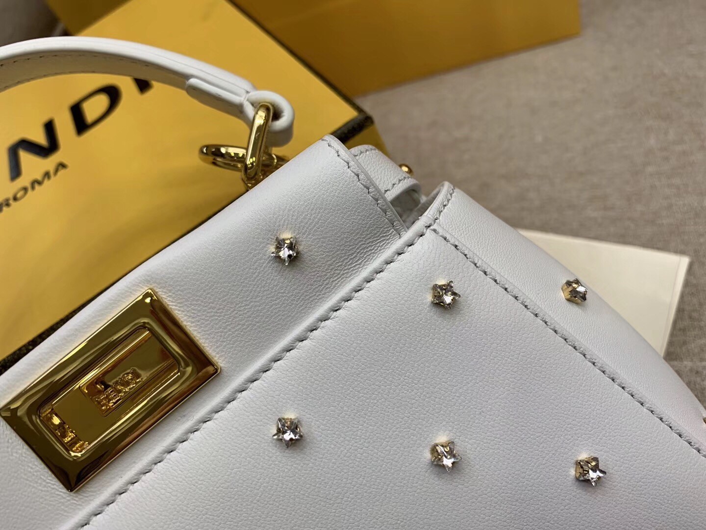 Fendi Peekaboo XS Bag With Star Studs In White Nappa Leather  942