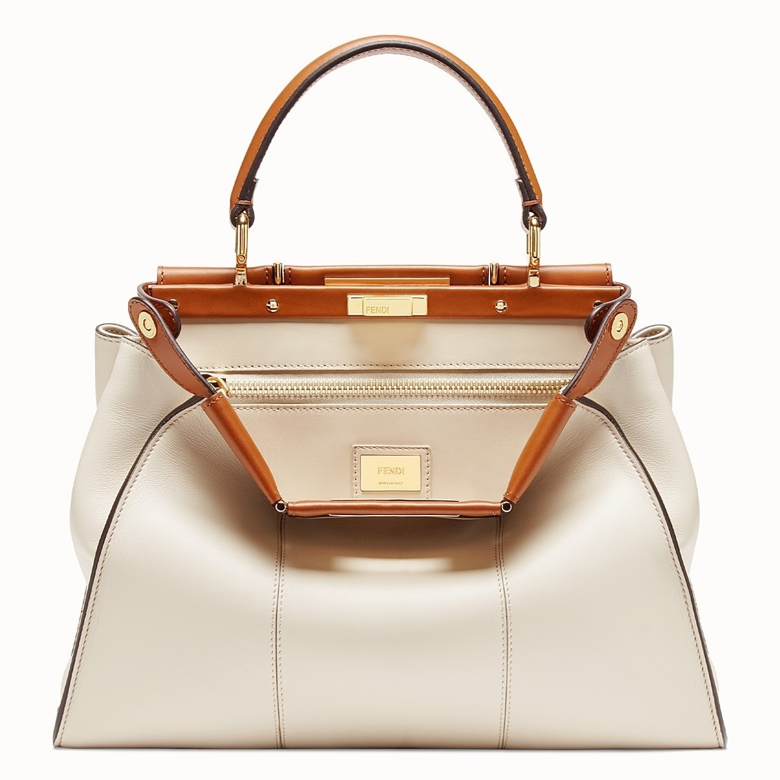 Fendi Peekaboo Medium White Bag With Tan Handle 298