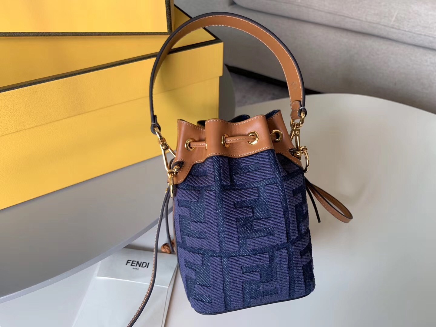 Fendi Mon Tresor Mini Bucket Bag In Blue Denim  272