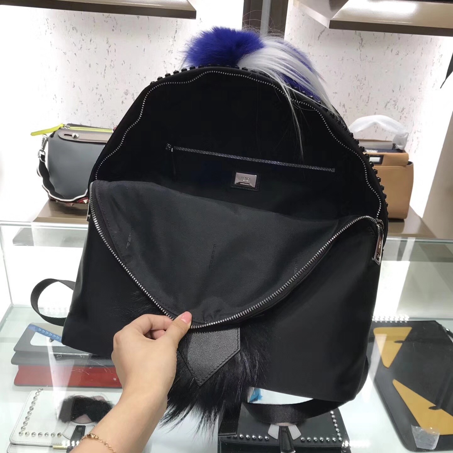 Fendi Black Fur Depict Karlito Appliques Backpack 320